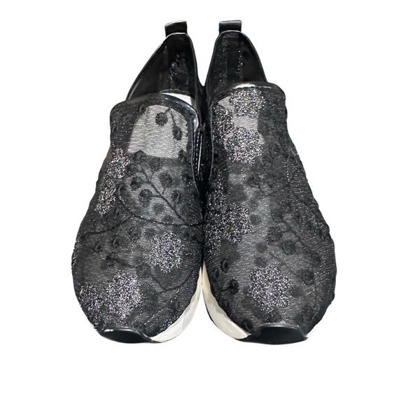 Lace Mesh Wedge Platform Sneaker 6.5 (37) Black Floral Embroidery Slip-On Shoes - Picture 7 of 9